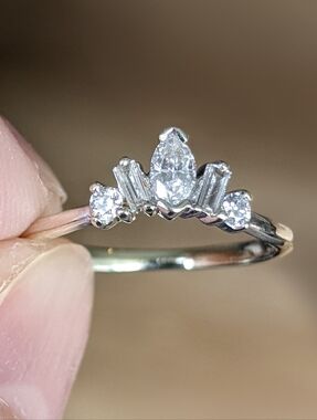 10K White Gold Marquise Baguette and Round Diamond Ring